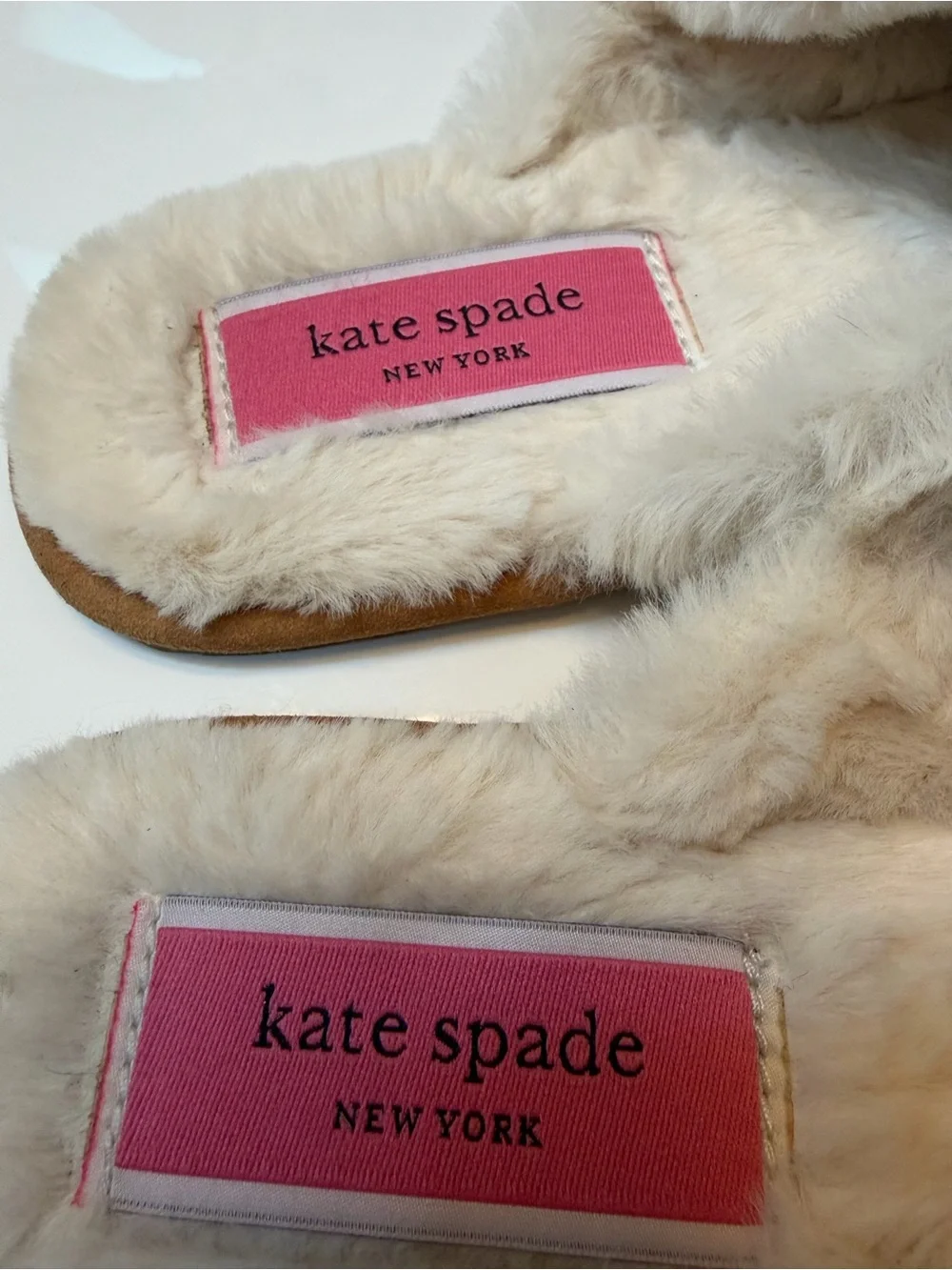 #791 kate spade Camel Faux-Suede Faux-Fur Mule Slippers. NWT